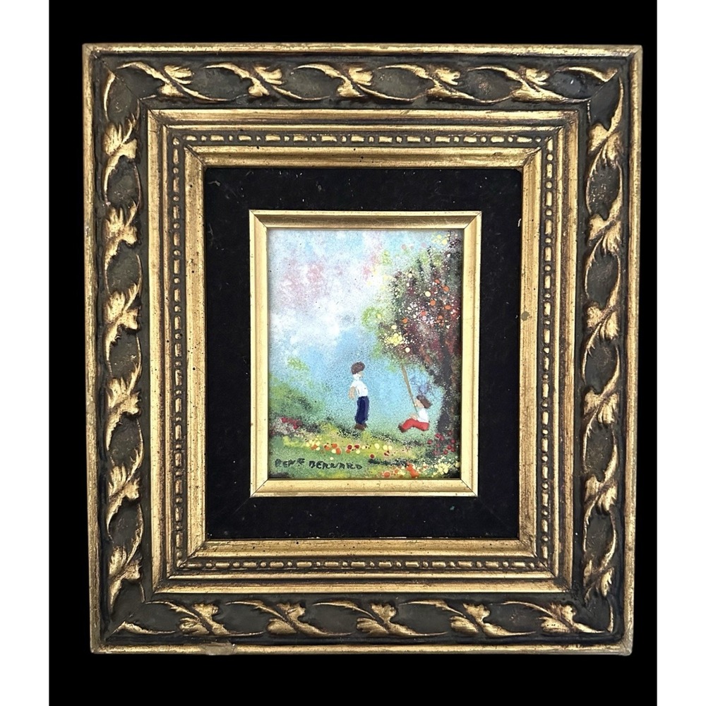 René Bernard French Enamel on Copper Painting Children on Swing MCM Framed